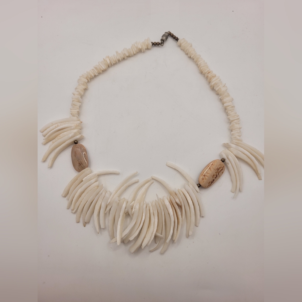Vintage Carved White Shell Necklace with Barrel Closure